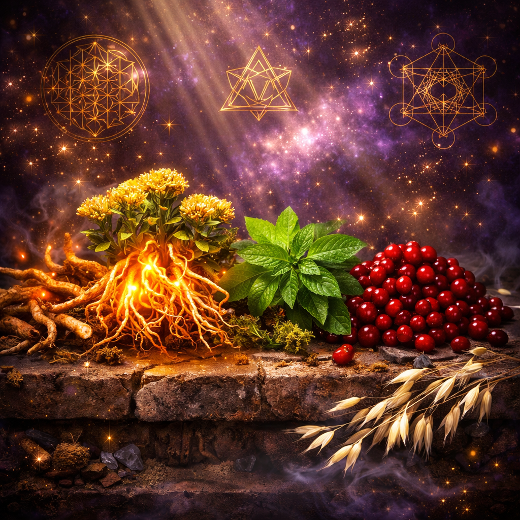 Sacred adaptogens: Rhodiola, Holy Basil, Schisandra, Ashwagandha, and Milky Oat with sacred geometry