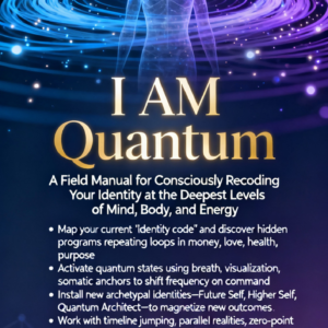 Back cover of I AM Quantum manual describing identity transformation, frequency alignment, and conscious self-mastery