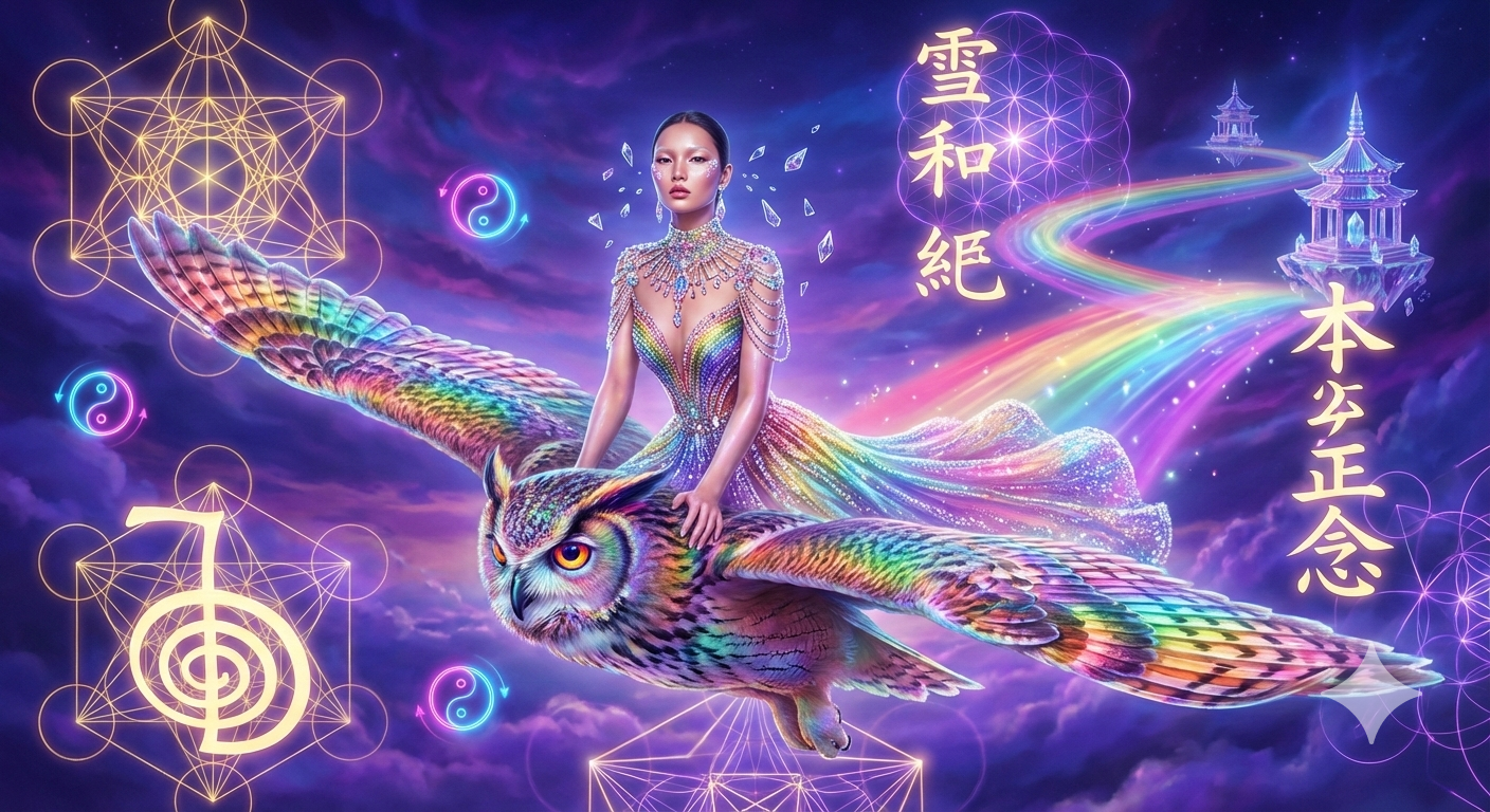 Rainbow owl goddess with Reiki symbols and sacred geometry by SoulEnergy144