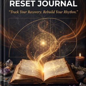 Front cover of the 30-Day Energy Reset Journal by SoulEnergy144 featuring sacred geometry, golden spiral, Flower of Life symbol, open book with glowing energy, amethyst crystals, and candle on dark background