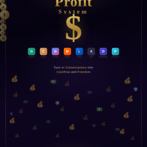 The AI Profit System ebook front cover featuring gold dollar sign, AI model logos for ChatGPT Claude Gemini Mistral Llama Grok DeepSeek and Perplexity on dark purple background by SoulEnergy144