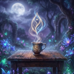 Dream Seeds book cover showing mystical nighttime garden with ornate chalice emitting ethereal flame, surrounded by glowing purple and blue flowers, sacred geometry triangles, and full moon in enchanted forest setting