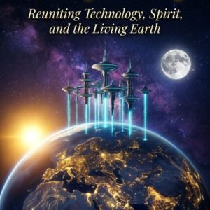 The Age of A.I. Synthesis ebook cover featuring futuristic cityscape towers connected to Earth by luminous circuit board lines with sun and moon in a cosmic sky by SoulEnergy144