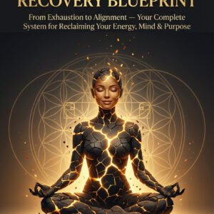 ebook cover featuring a meditating woman with golden light breaking through cracked stone skin, Flower of Life sacred geometry background, dark and gold color scheme