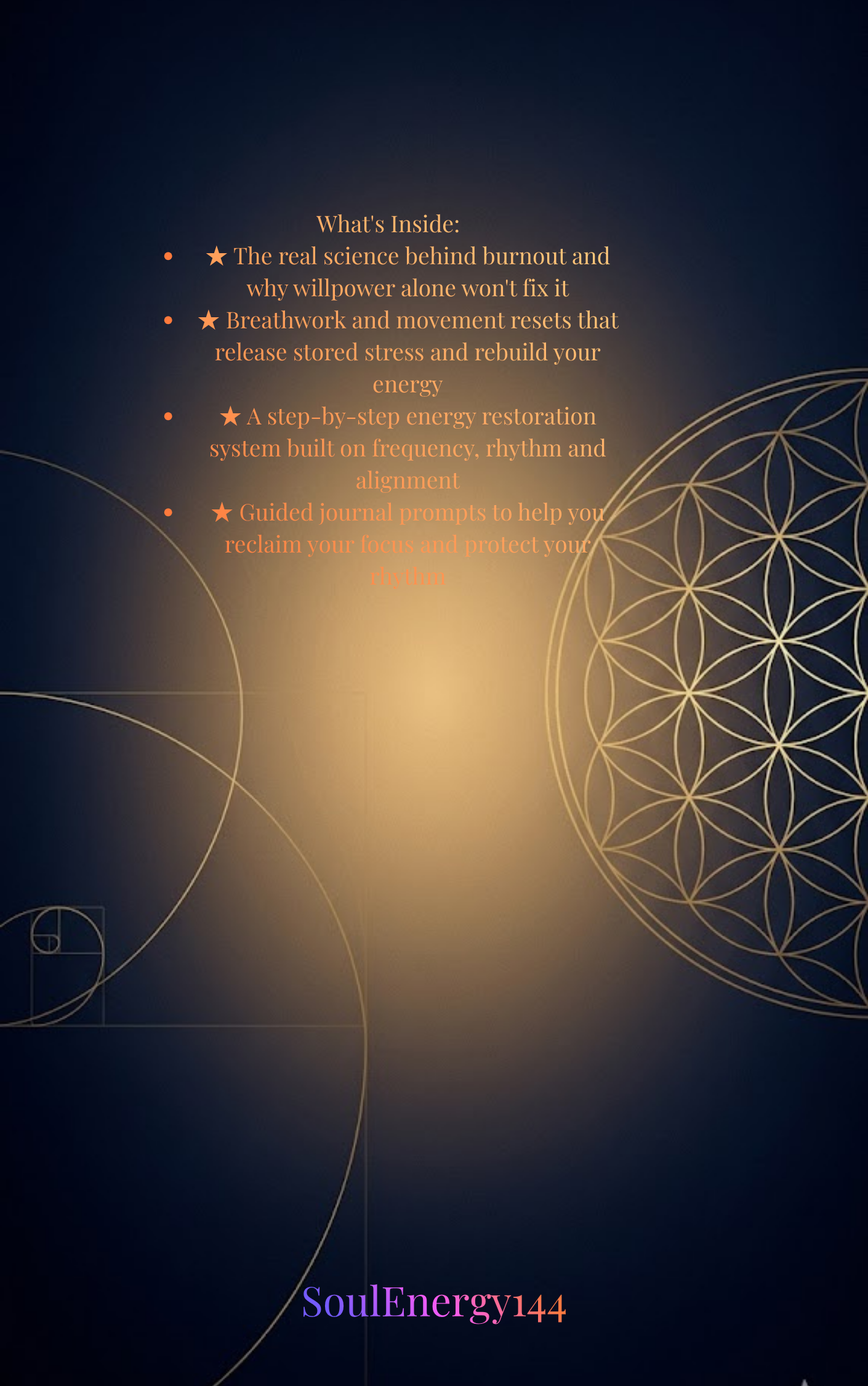 The Burnout Recovery Blueprint — From Exhaustion to Alignment | eBook Abstract dark blue burnout recovery graphic with golden light in the center, sacred geometry lines, and a calm minimal wellness design