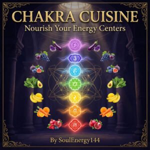 Sacred kitchen bundle - Chakra Cuisine ebook cover featuring seven chakras with colorful foods and sacred geometry