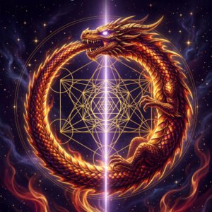 : Dragon Frequency Awakening the Serpent Fire Within ebook cover featuring golden ouroboros serpent on dark purple mystical background by SoulEnergy144