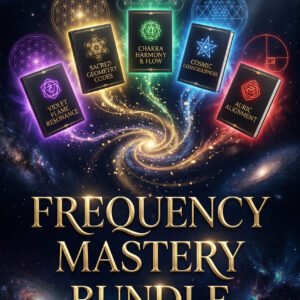 Frequency Mastery Bundle cover featuring five sacred geometry ebooks with cosmic energy vortex by SoulEnergy144