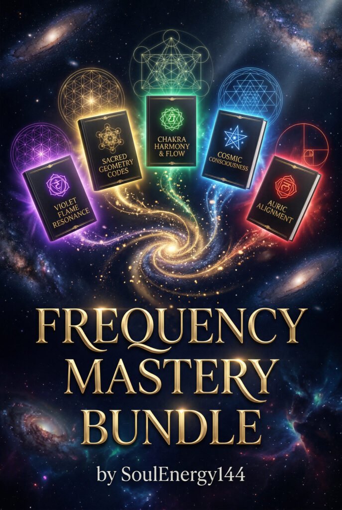 Frequency Mastery Bundle cover featuring five sacred geometry ebooks with cosmic energy vortex by SoulEnergy144