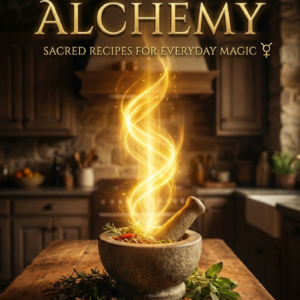 Kitchen Alchemy front cover featuring a glowing mortar and pestle with golden flame energy on a rustic wooden table by SoulEnergy144