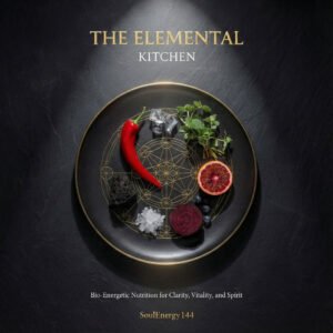 TThe Elemental Kitchen ebook cover featuring sacred geometry flower of life plate with elemental foods by SoulEnergy144
