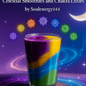 : Front cover of Spiritual Nutrition Celestial Smoothies and Chakra Elixirs ebook by SoulEnergy144 featuring a colorful chakra smoothie glass on a cosmic purple background