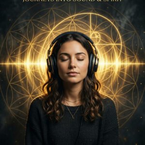 Front cover of 5 Stress-Release Audio Session Scripts by SoulEnergy144 featuring a woman wearing headphones with eyes closed surrounded by golden Flower of Life sacred geometry