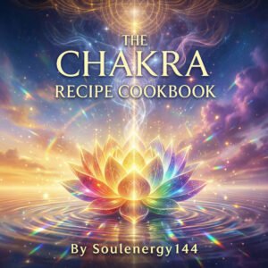 The Chakra Recipe Cookbook ebook cover featuring a luminous rainbow lotus flower with seven glowing chakra orbs rising from its center against a cosmic sky with light rays and prismatic reflections by SoulEnergy144