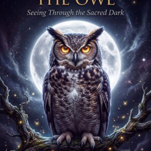 Wisdom of the Owl Seeing Through the Sacred Dark ebook front cover featuring a great horned owl with glowing amber eyes perched on a branch under a full moon by SoulEnergy144