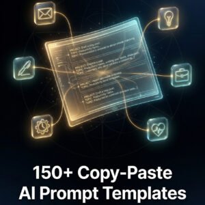 150+ Copy-Paste AI Prompt Templates ebook cover by SoulEnergy144 featuring a glowing translucent prompt interface surrounded by golden task icons on a dark background
