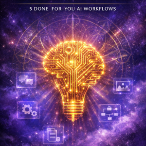 5 Done-For-You AI Workflows ebook cover by SoulEnergy144 featuring a glowing golden lightbulb brain surrounded by workflow icons on a cosmic purple background