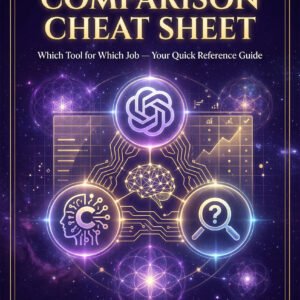 AI Tool Comparison Cheat Sheet cover by SoulEnergy144 featuring ChatGPT, Claude, and Perplexity icons connected by circuit lines on a cosmic purple background with sacred geometry