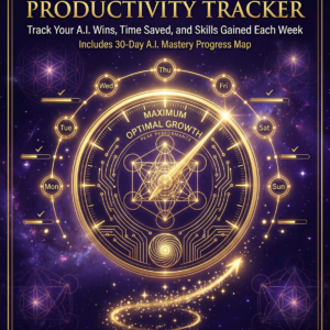 Weekly AI Productivity Tracker cover by SoulEnergy144 featuring a golden clockface with sacred geometry and day-of-week nodes on a cosmic purple background