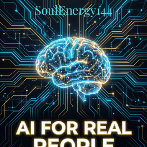 AI For Real People Quick-Start Guide ebook cover by SoulEnergy144 featuring a glowing blue AI brain on a dark circuit board background