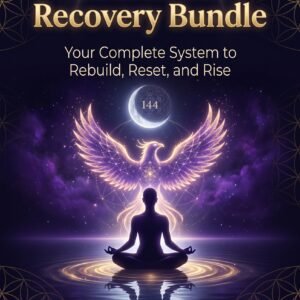 Text: Burnout Recovery Bundle by SoulEnergy144 – meditating figure with glowing phoenix and sacred geometry on cosmic purple background