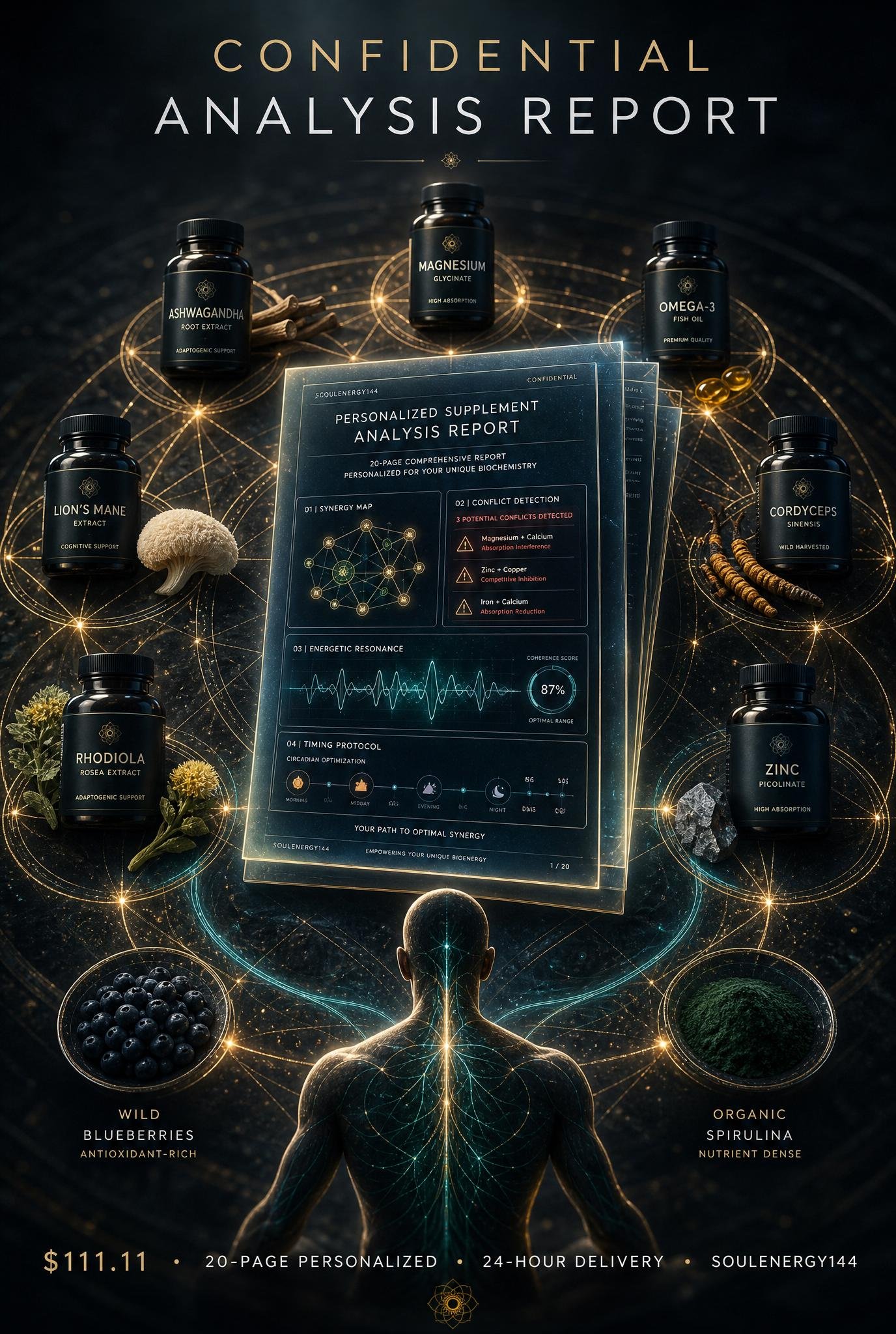 The Confidential Analysis Report Confidential Analysis Report by SoulEnergy144: 20-page personalized supplement synergy map, conflict detection, resonance score, and timing protocol.