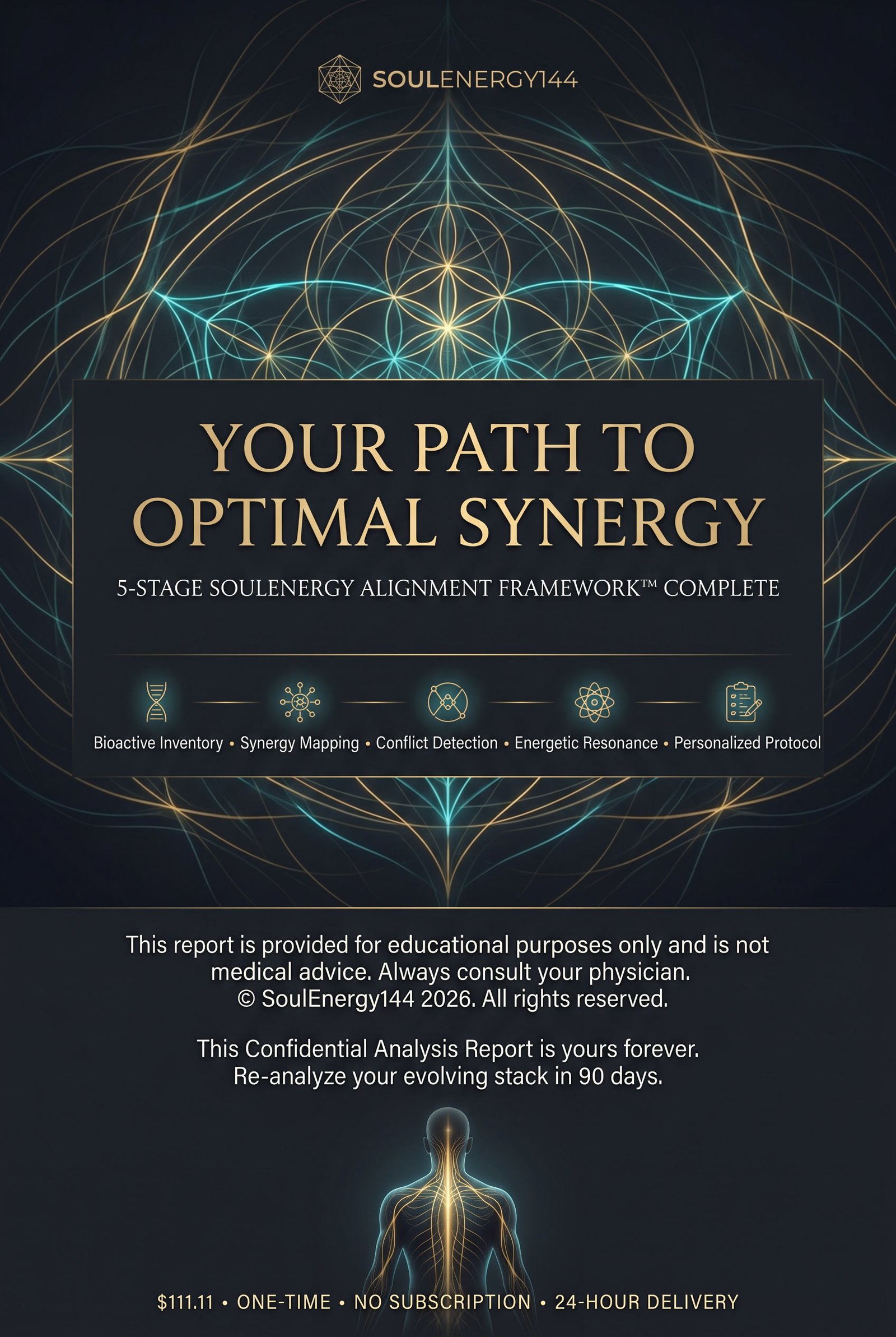 The Confidential Analysis Report SoulEnergy144 Alignment Framework β 5 stages: Bioactive Inventory, Synergy Mapping, Conflict Detection, Energetic Resonance, Personalized Protocol.