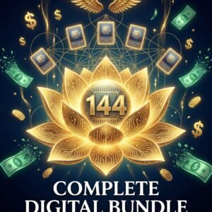 The AI Shortcut System Complete Digital Bundle cover by SoulEnergy144 featuring a golden lotus with circuit board petals, golden wings, floating dollar signs, cash, coins, and six holographic product cards on a dark navy background