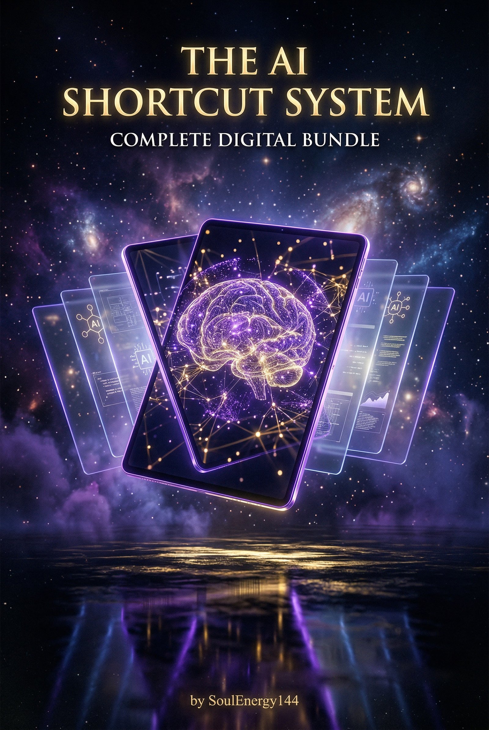 The AI Shortcut System - Complete Digital Bundle with holographic brain tablet display