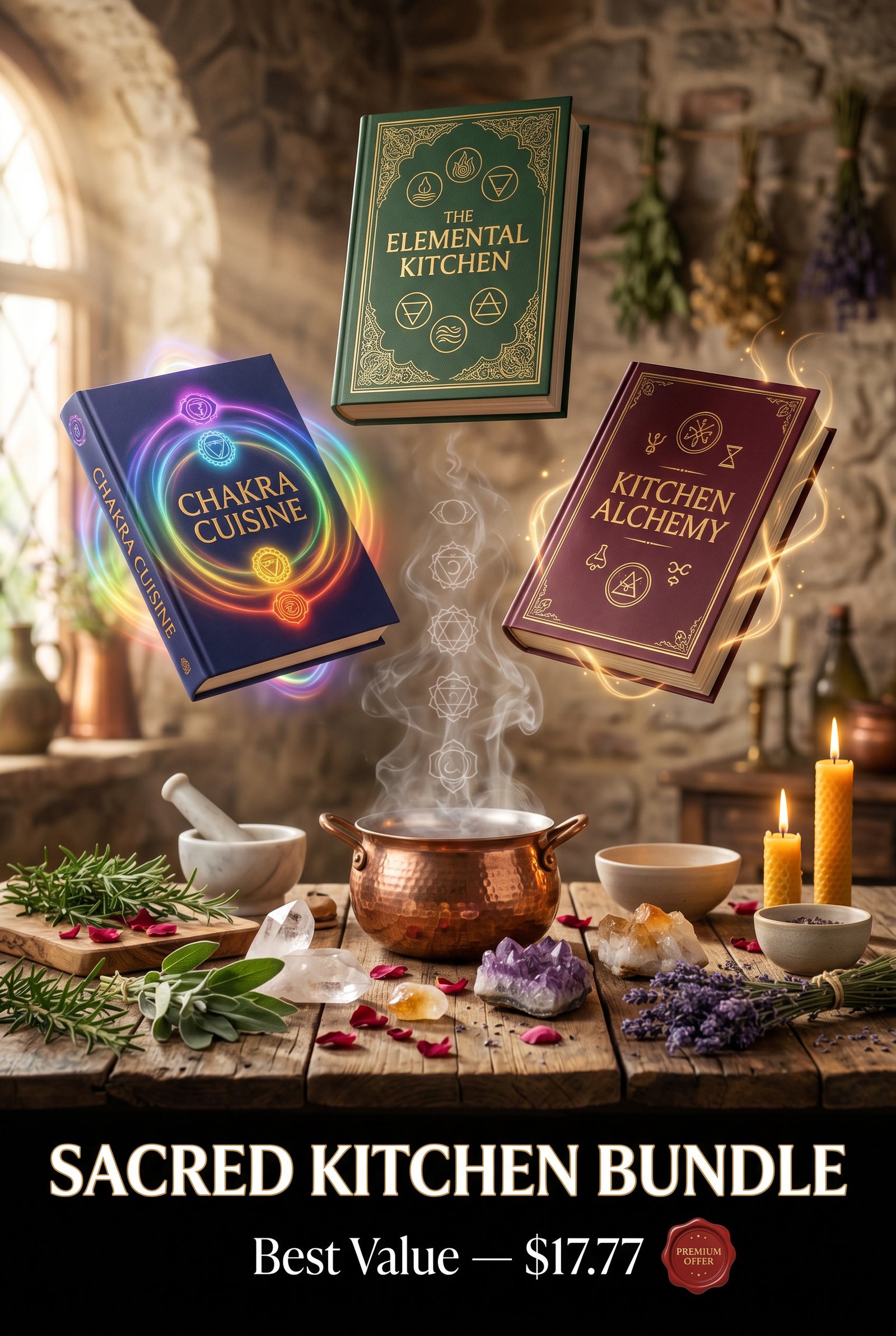 Sacred Kitchen Bundle by SoulEnergy144 — 4 ebooks (Chakra Cuisine, Elemental Kitchen, Kitchen Alchemy) over a copper cauldron with crystals and herbs