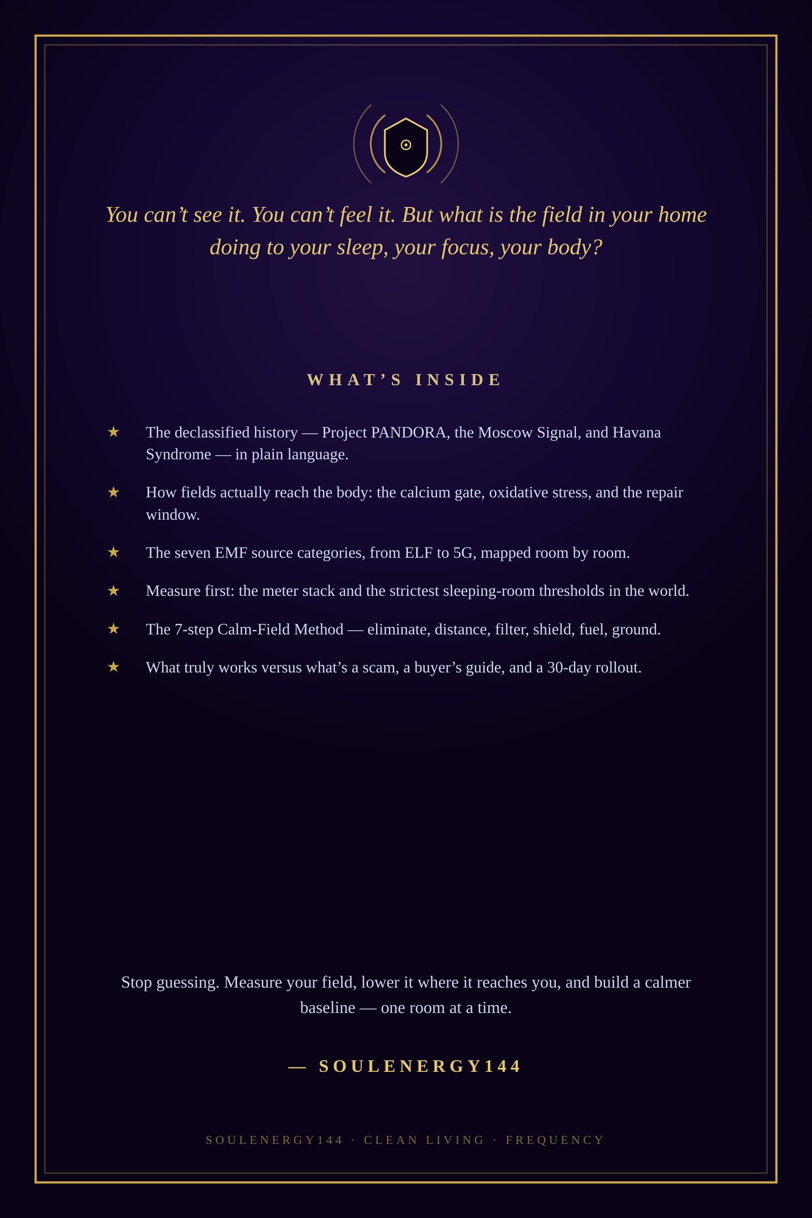 The EMF Protection Protocol: Master Edition Back cover listing what is inside The EMF Protection Protocol Master Edition, on a deep purple and gold SoulEnergy144 design.