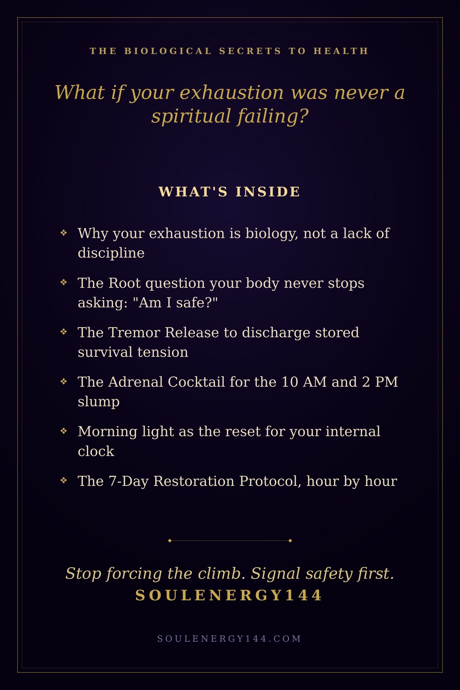Adrenal Alchemy: From Survival to Safety — Premium Edition Gold-on-purple back cover for Adrenal Alchemy with the hook 'What if your exhaustion was never a spiritual failing?' and the line 'Stop forcing the climb. Signal safety first.'