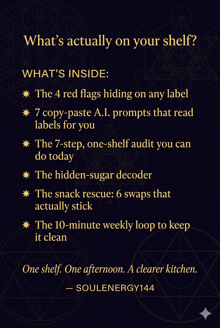 The A.I. Pantry Audit Back cover of The A.I. Pantry Audit by SoulEnergy144 listing what's inside: 4 red flags, 7 copy-paste A.I. prompts, a 7-step one-shelf audit, the hidden-sugar decoder, 6 snack swaps, and a 10-minute weekly loop.