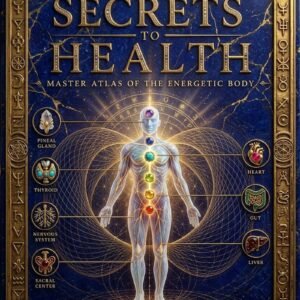 The Biological Secrets to Health — Complete Set Ornate blue lapis and gold framed cover for The Biological Secrets to Health: Master Atlas of the Energetic Body; a luminous chakra-lit body flanked by gem organ icons for pineal, thyroid, nervous system, sacral, heart, gut, and liver, with griffins and alchemical symbols; by SoulEnergy144.