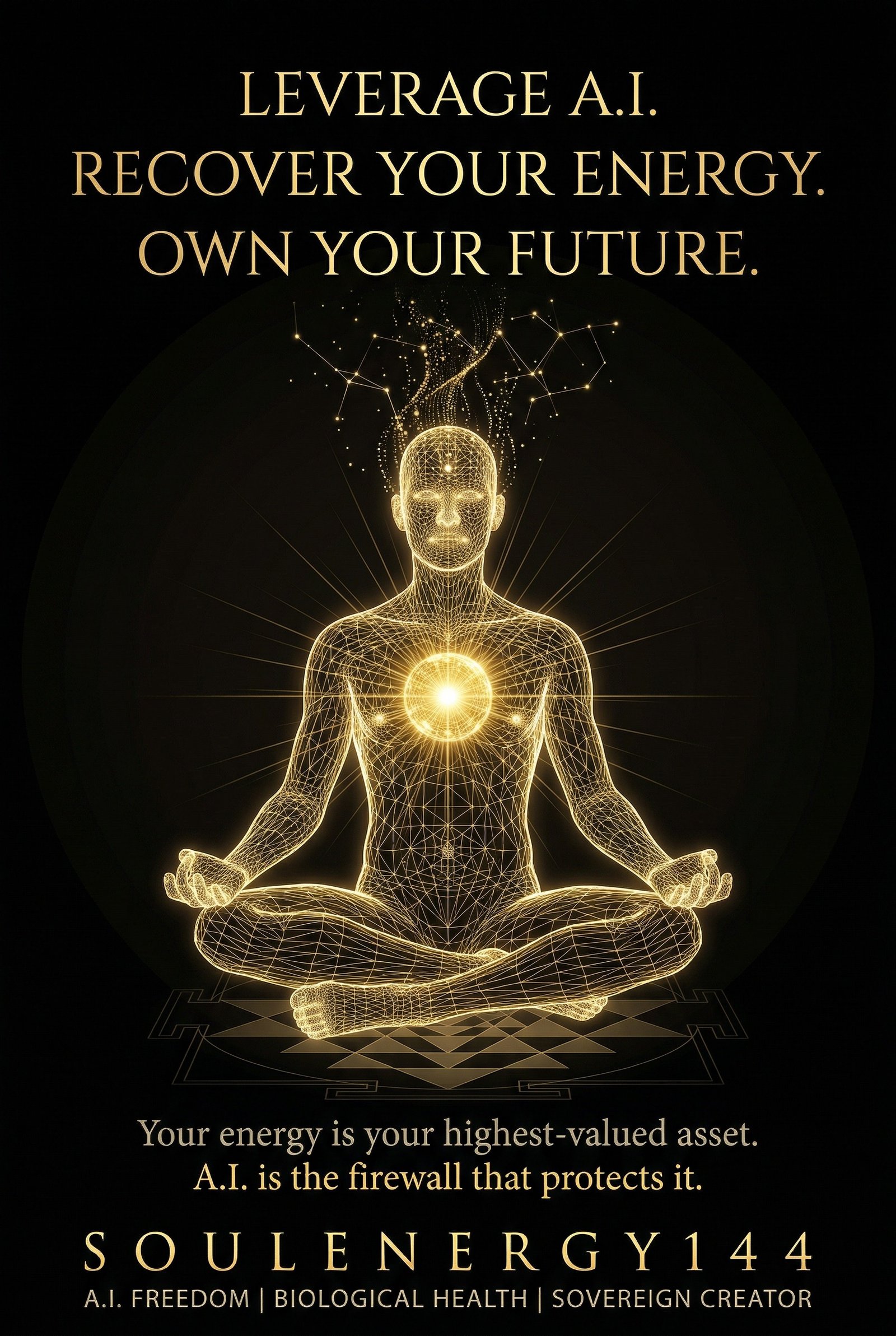 Leverage A.I.: Recover Your Energy. Own Your Future. Leverage A.I. front cover — a luminous gold wireframe figure in lotus meditation with a heart light-orb on pure black, SoulEnergy144