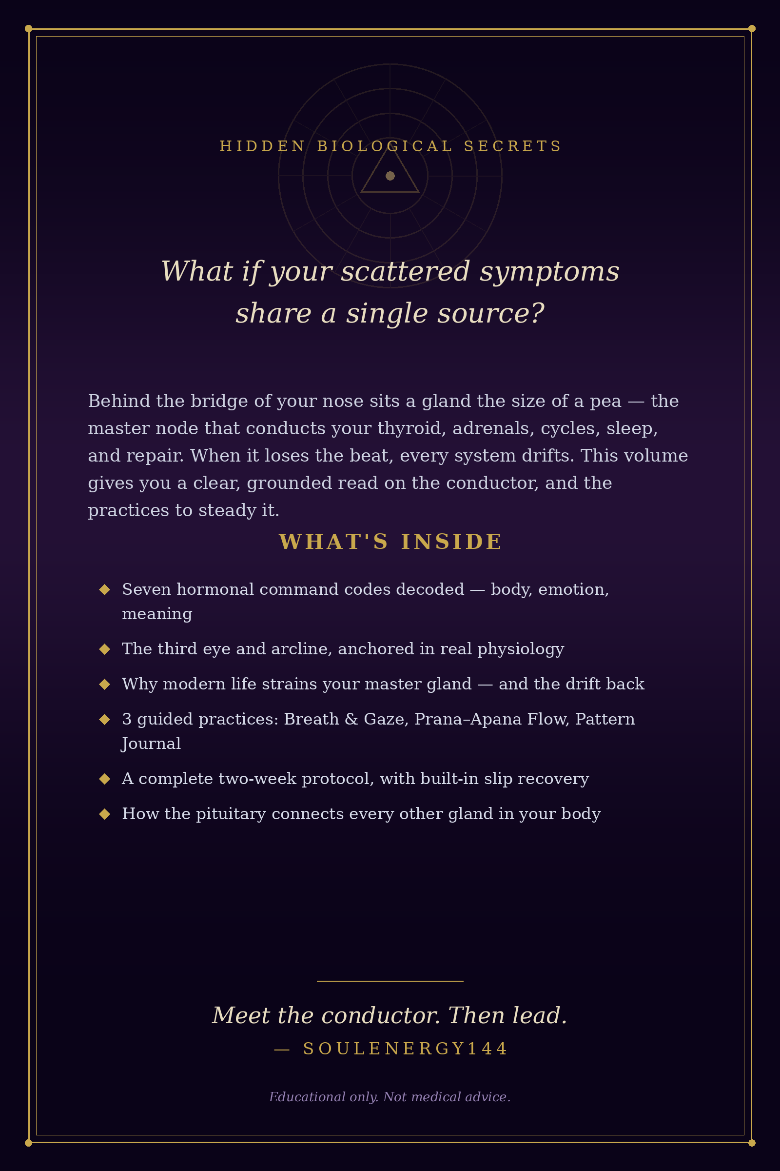 The Master Node: Awakening the Pituitary SoulEnergy144 back cover for The Master Node: Awakening the Pituitary listing what's inside.