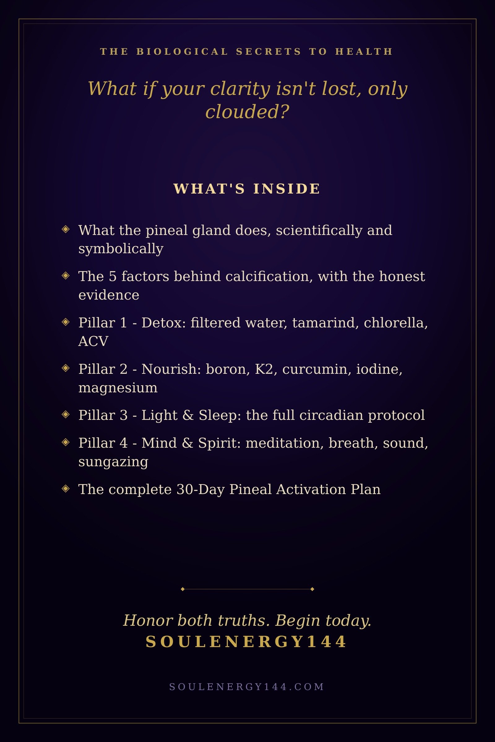 The Pineal Protocol: A Complete Guide to Decalcification & Third Eye Awakening — Premium Edition SoulEnergy144 back cover for The Pineal Protocol with the hook 'What if your clarity isn't lost, only clouded?'