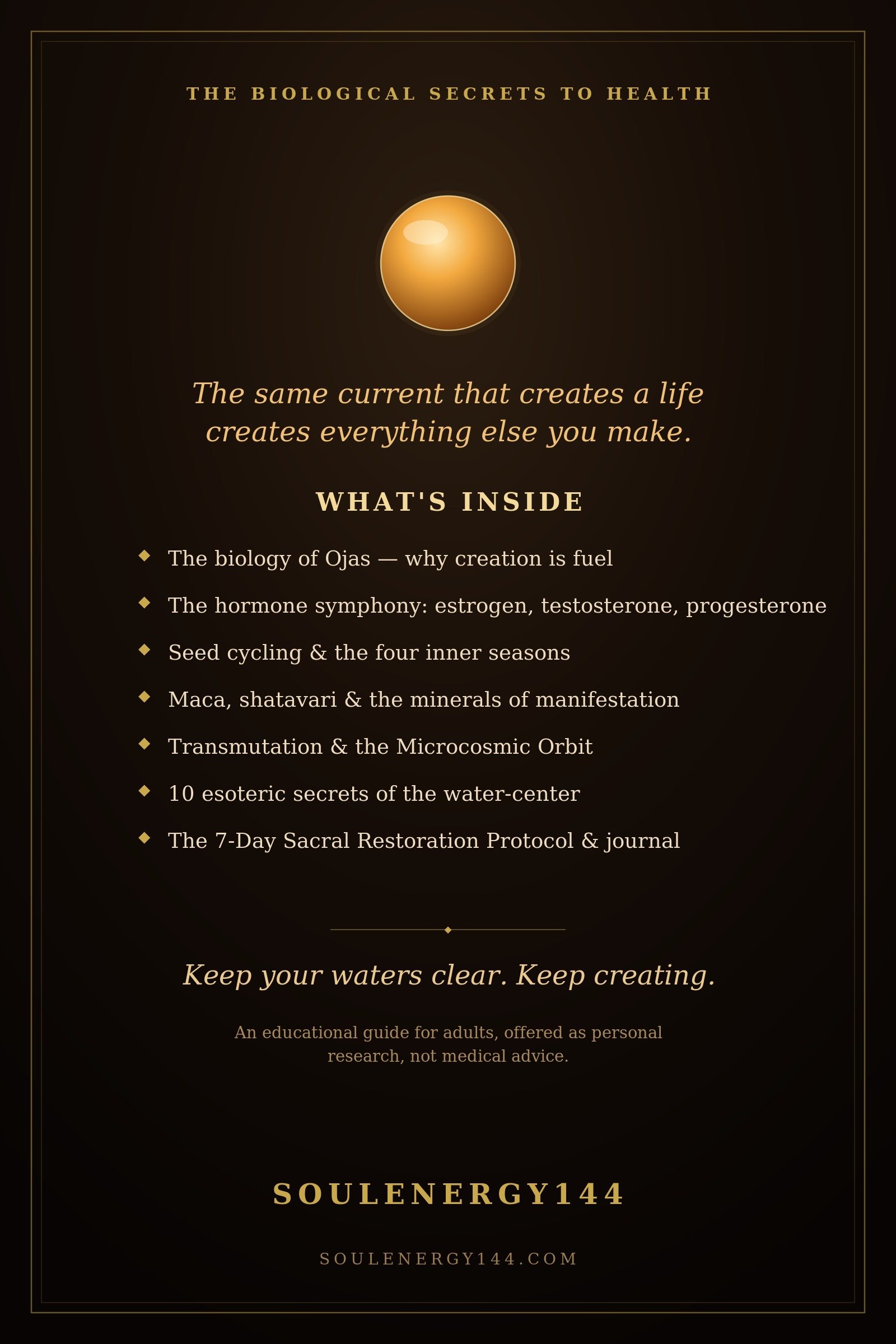 Sacral Fluidity: Hormones, Creativity & The Waters of Creation SoulEnergy144 back cover for Sacral Fluidity listing what's inside on a warm dark void.
