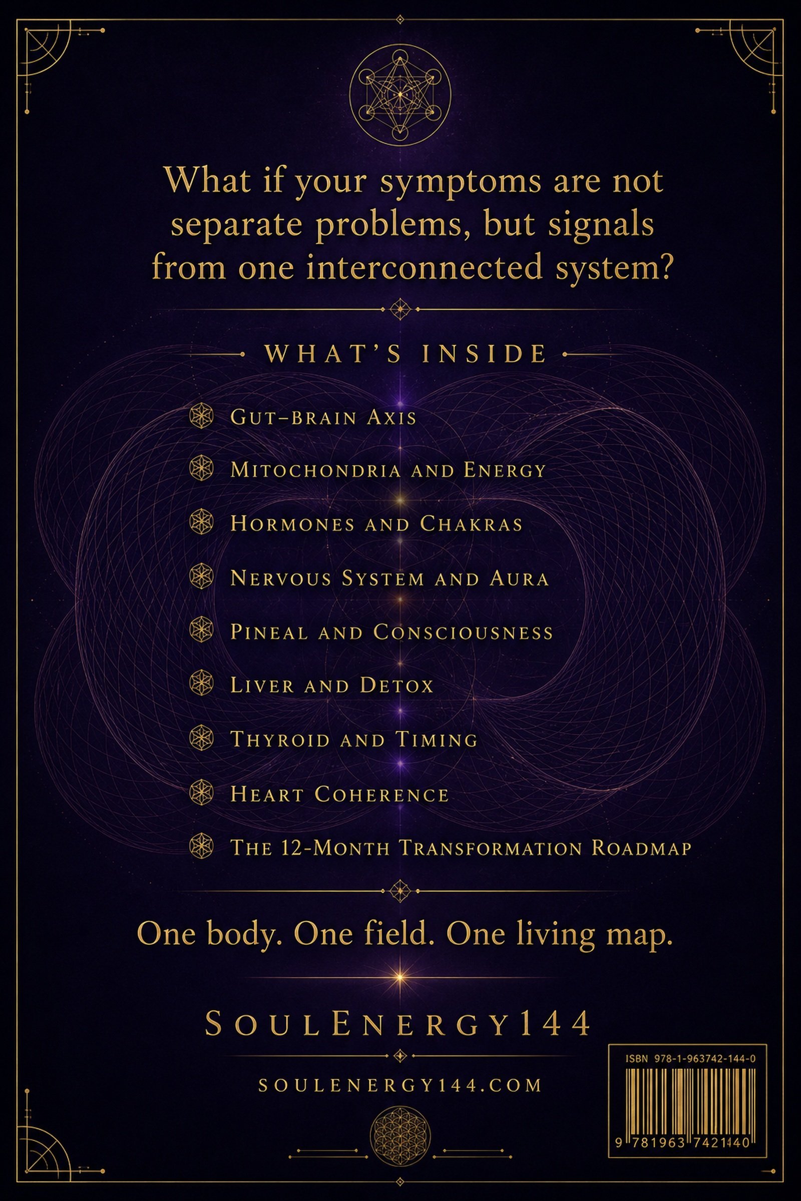 The Biological Secrets to Health: Master Atlas of the Energetic Body Deep purple and gold back cover for the Master Atlas with the hook 'What if your symptoms are not separate problems, but signals from one interconnected system?' above a What's Inside list of nine topics and the line 'One body. One field. One living map.'; by SoulEnergy144.