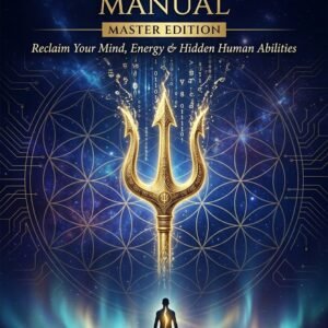 The Deprogramming Manual Master Edition front cover — golden trident dissolving into light code over flower-of-life sacred geometry, by SoulEnergy144