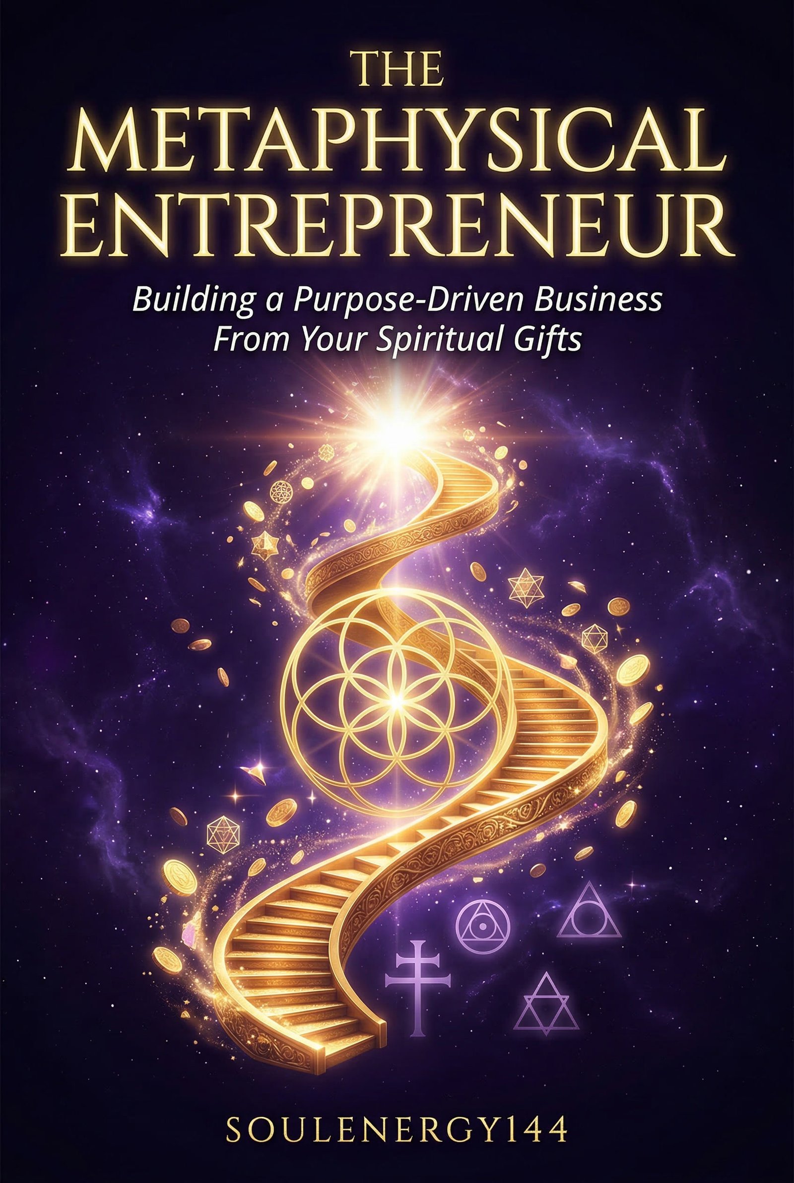 The Metaphysical Entrepreneur: Building a Purpose-Driven Business From Your Spiritual Gifts The Metaphysical Entrepreneur front cover — a golden spiral staircase rising through a flower-of-life orb and sacred geometry in a deep purple cosmic field, SoulEnergy144