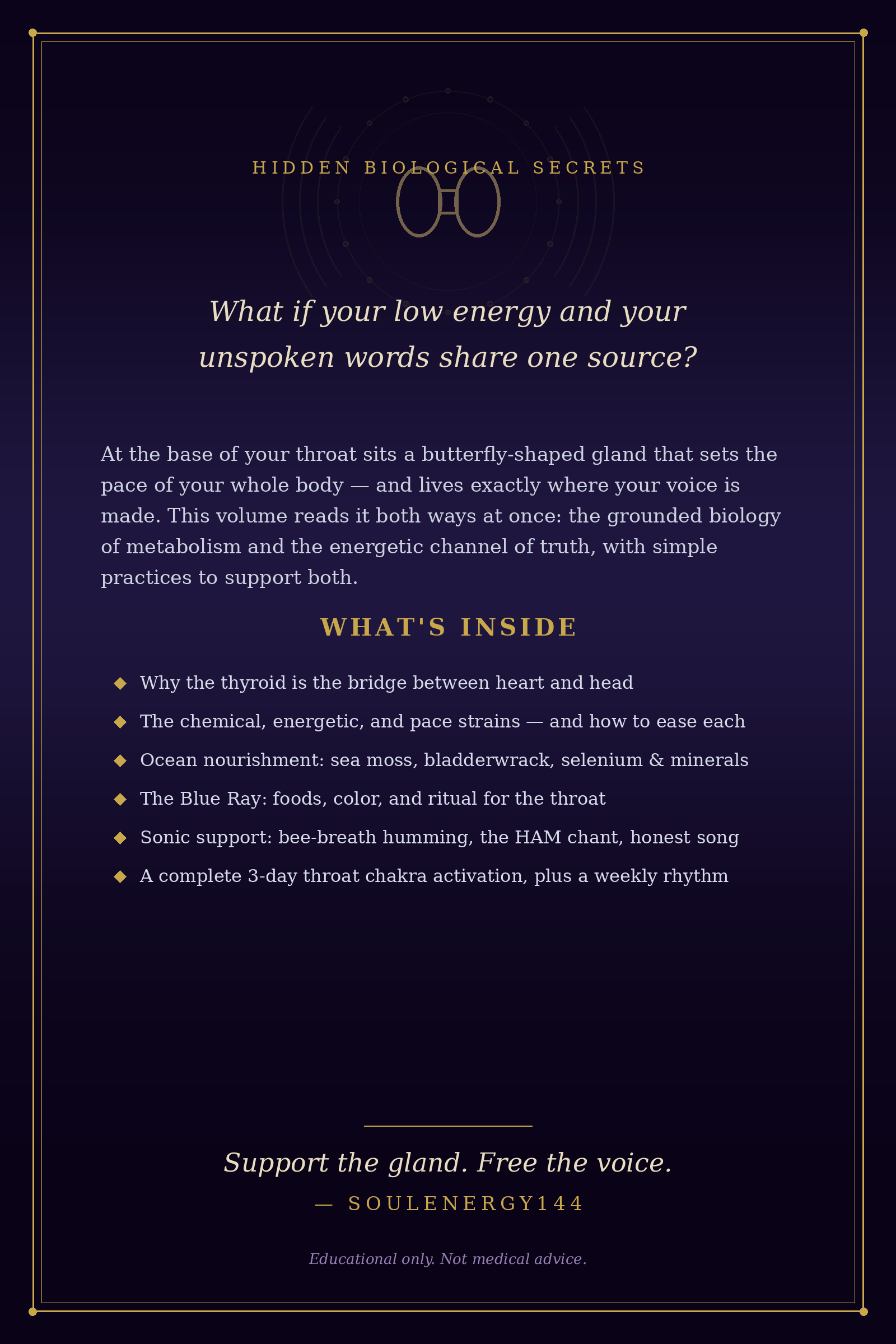 Thyroid Truths: The Throat Chakra Tonic SoulEnergy144 back cover for Thyroid Truths: The Throat Chakra Tonic listing what's inside.