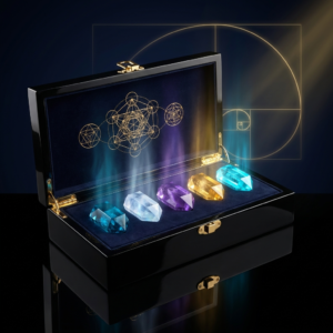 144 Full Collection Open black collector's case with five glowing crystals in navy velvet slots — 144 Full Collection boxed set