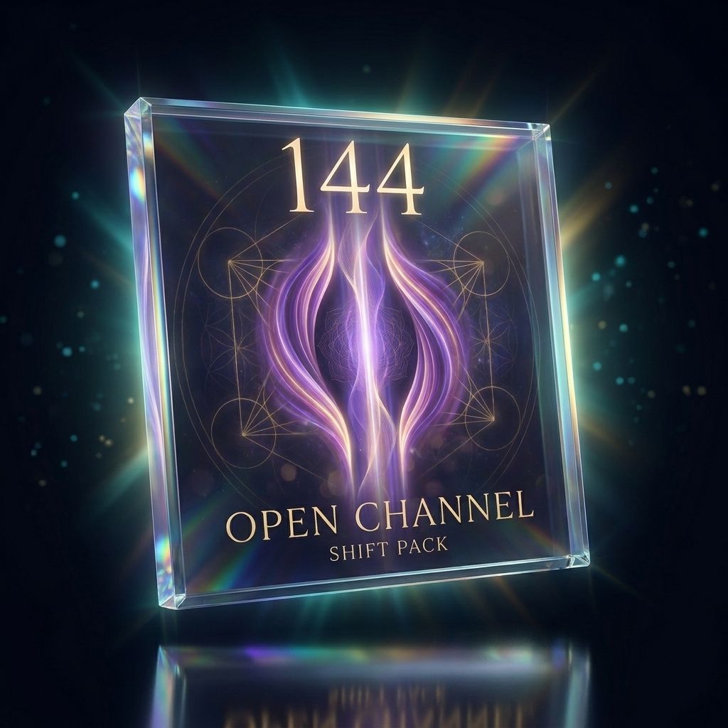 144 Shift Pack — Open Channel 144 Shift Pack Open Channel — holographic crystal 3D product mockup with violet portal beam by SoulEnergy144