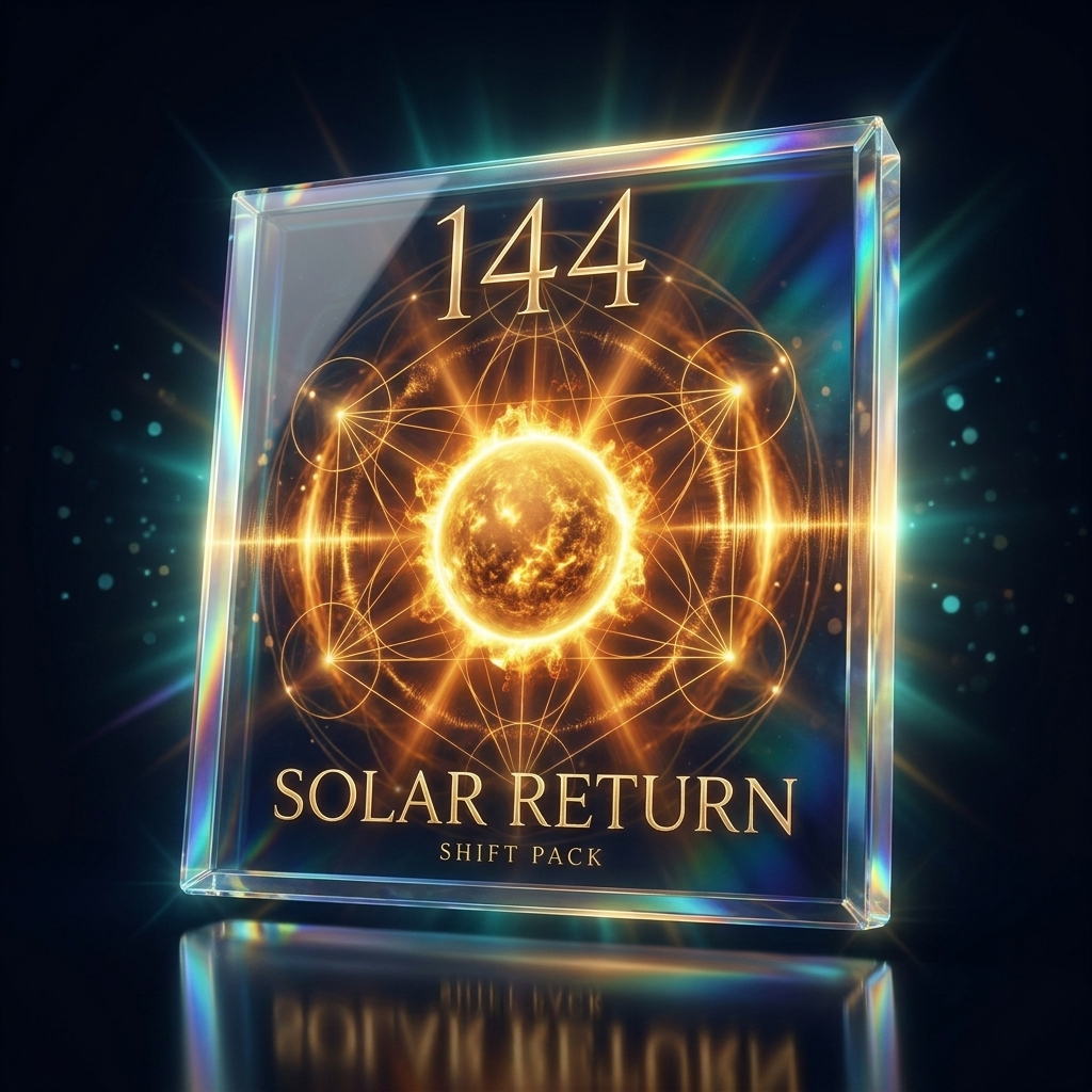 144 Shift Pack — Solar Return 144 Shift Pack Solar Return — holographic crystal 3D product mockup with radiant golden solar disc by SoulEnergy144