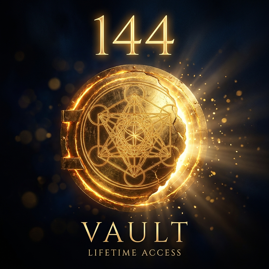 144 Vault 144 Vault cover — radiant gold sacred-geometry vault door opening with light and the 144 numeral, lifetime access, by SoulEnergy144