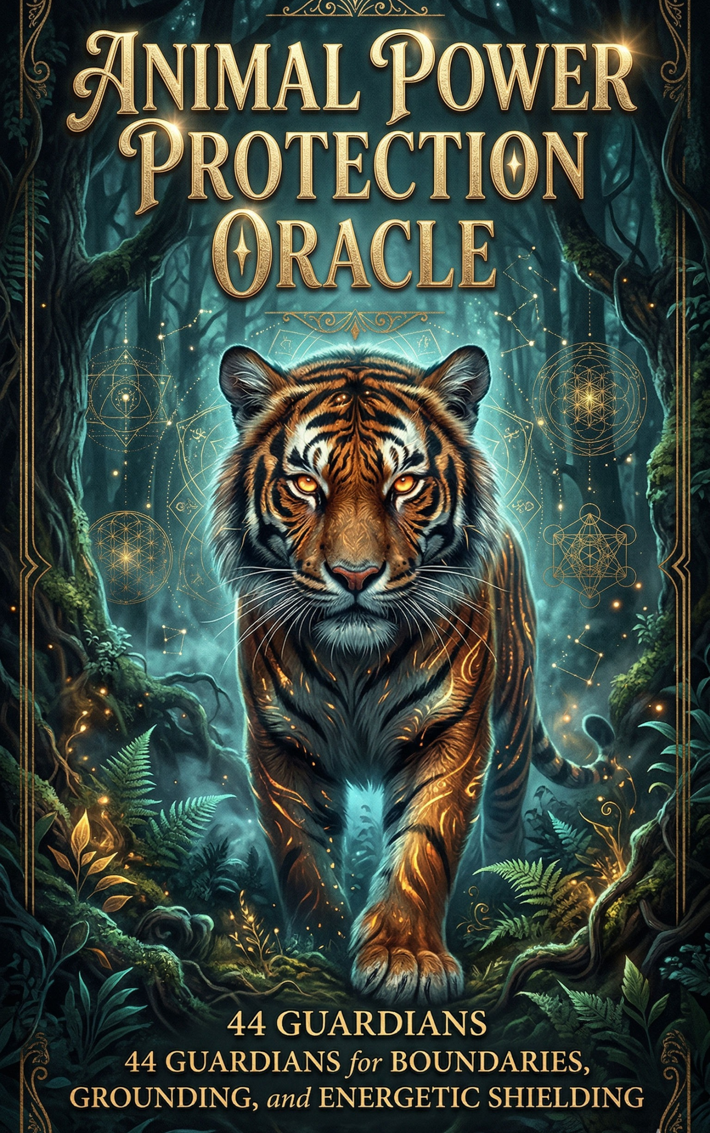 Animal Power Protection Oracle by SoulEnergy144 — digital oracle deck of 44 animal guardians plus Aether cards, glowing tiger guardian on the cover