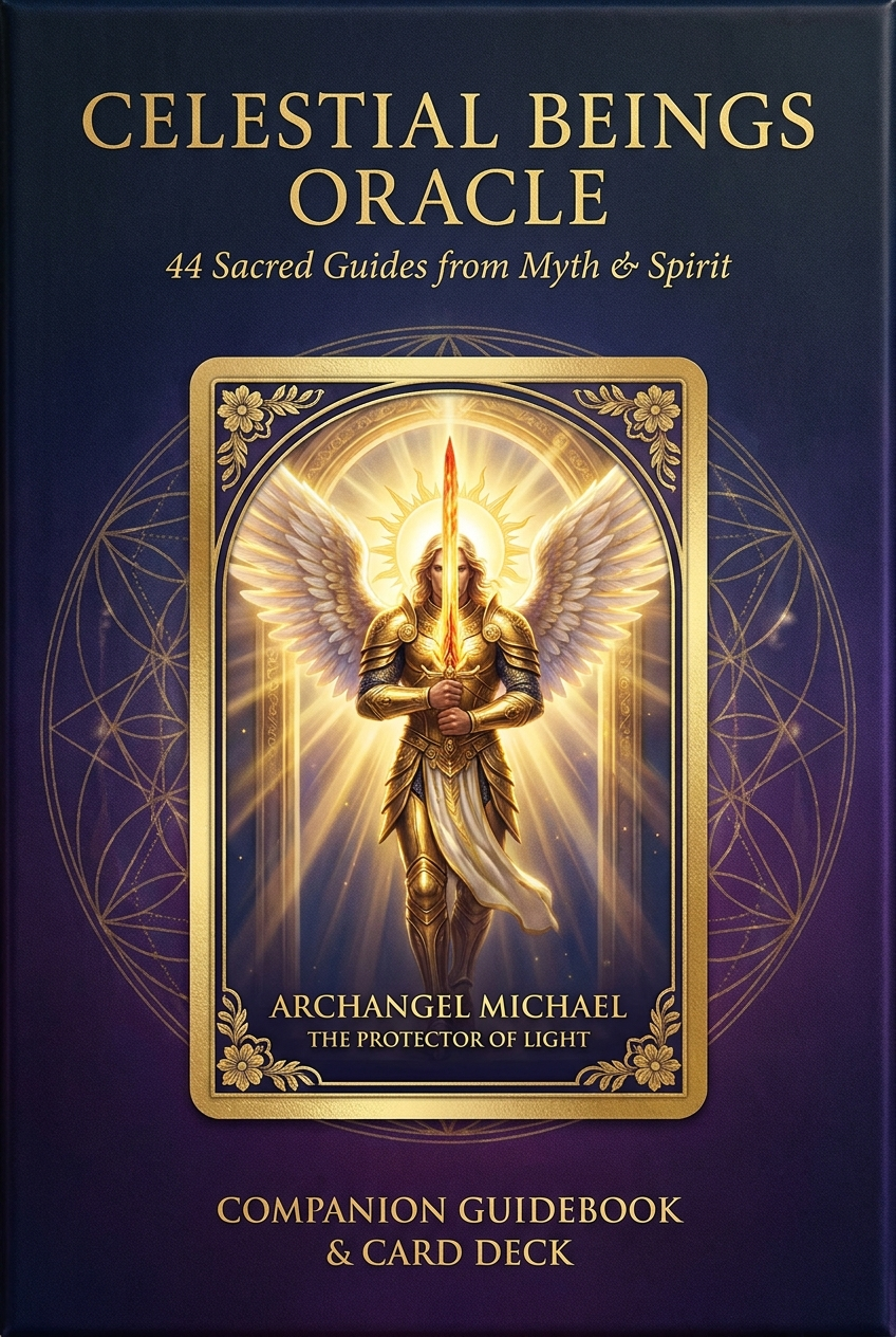 The Celestial Beings Oracle by SoulEnergy144 — 44-card digital oracle deck, gold title on deep navy with Archangel Michael, the protector of light