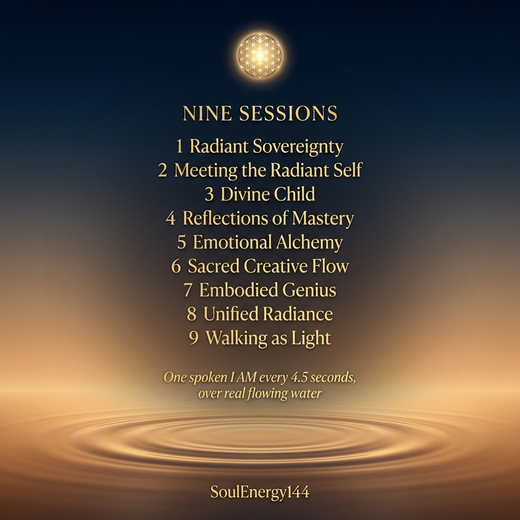 The Light Work System — Complete (All 9 Sessions) The Light Work System back cover — the nine sessions: Radiant Sovereignty, Meeting the Radiant Self, Divine Child, Reflections of Mastery, Emotional Alchemy, Sacred Creative Flow, Embodied Genius, Unified Radiance, Walking as Light