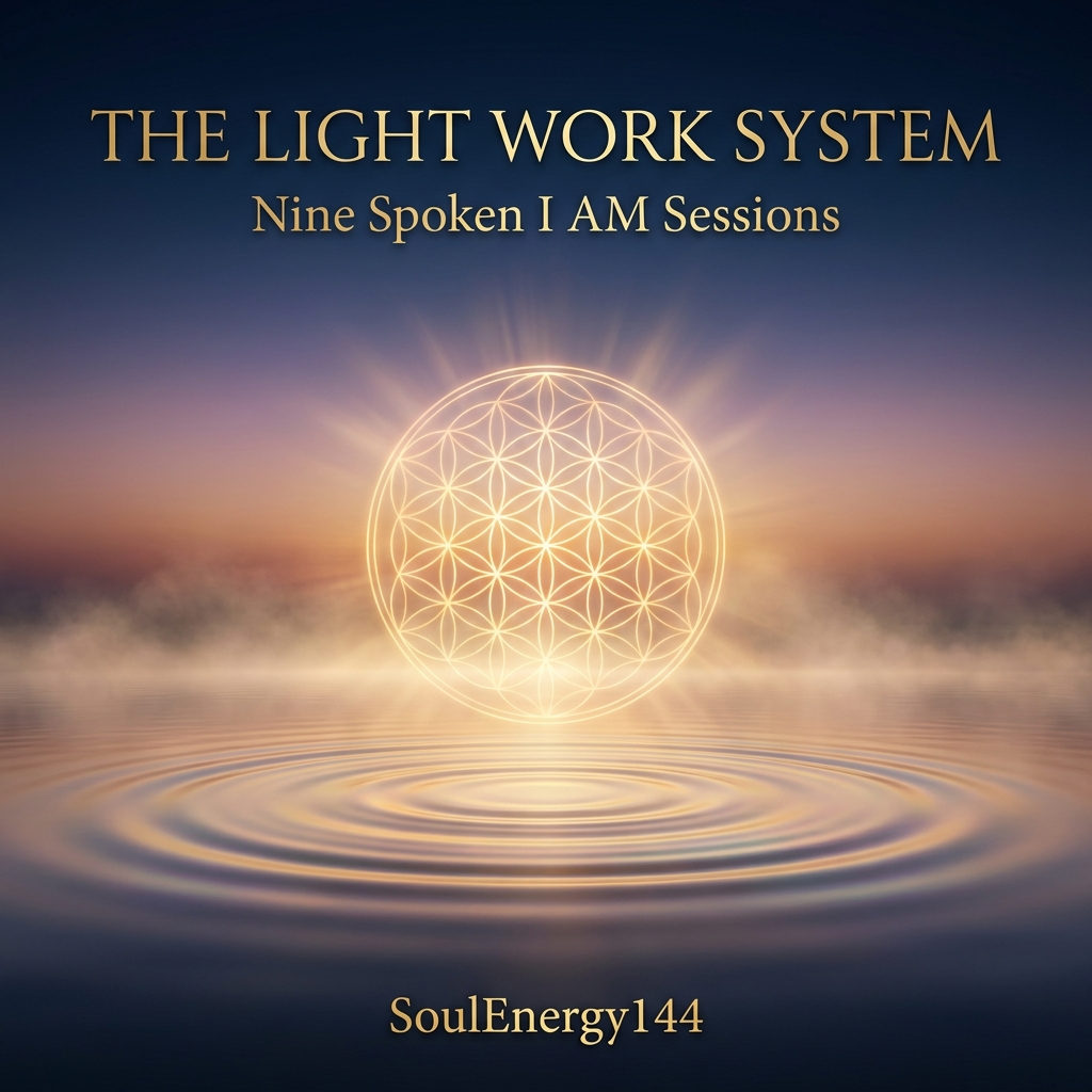 The Light Work System — Complete (All 9 Sessions) The Light Work System by SoulEnergy144 — nine spoken 'I am' binaural sessions; golden sunrise over calm water with a glowing Flower of Life